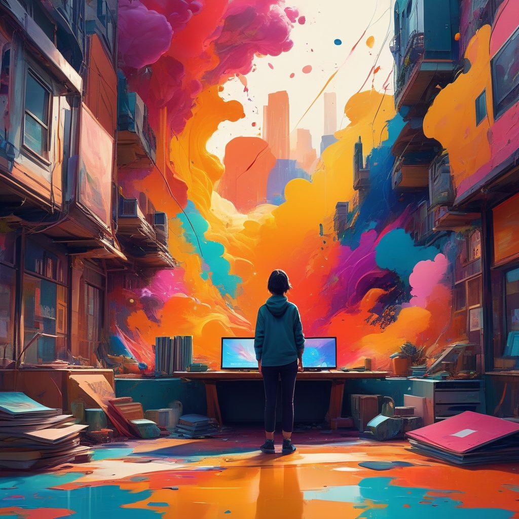 A vibrant digital artwork showcasing a harmonious fusion of colorful abstract shapes and narrative-driven illustrations, depicting characters and stories flowing through the canvas. Incorporate elements of storytelling, such as books and screens, merging with splashes of paint and gestural brush strokes. Emphasize a dynamic interaction between art and narrative in a futuristic setting. super-realistic. vibrant colors. 3D.